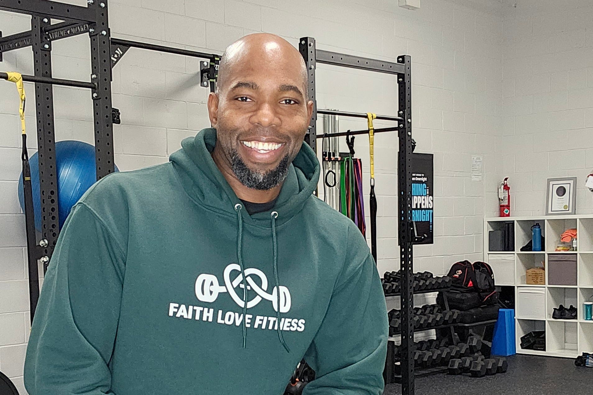 Gbenga Adeniyi, coach at Built by Faith Love Fitness, in the studio